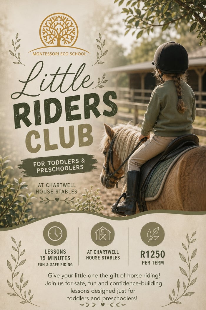 Little Riders Club flyer — 15-minute horse riding lessons for toddlers and preschoolers at Chartwell House Stables, R1,250 per term