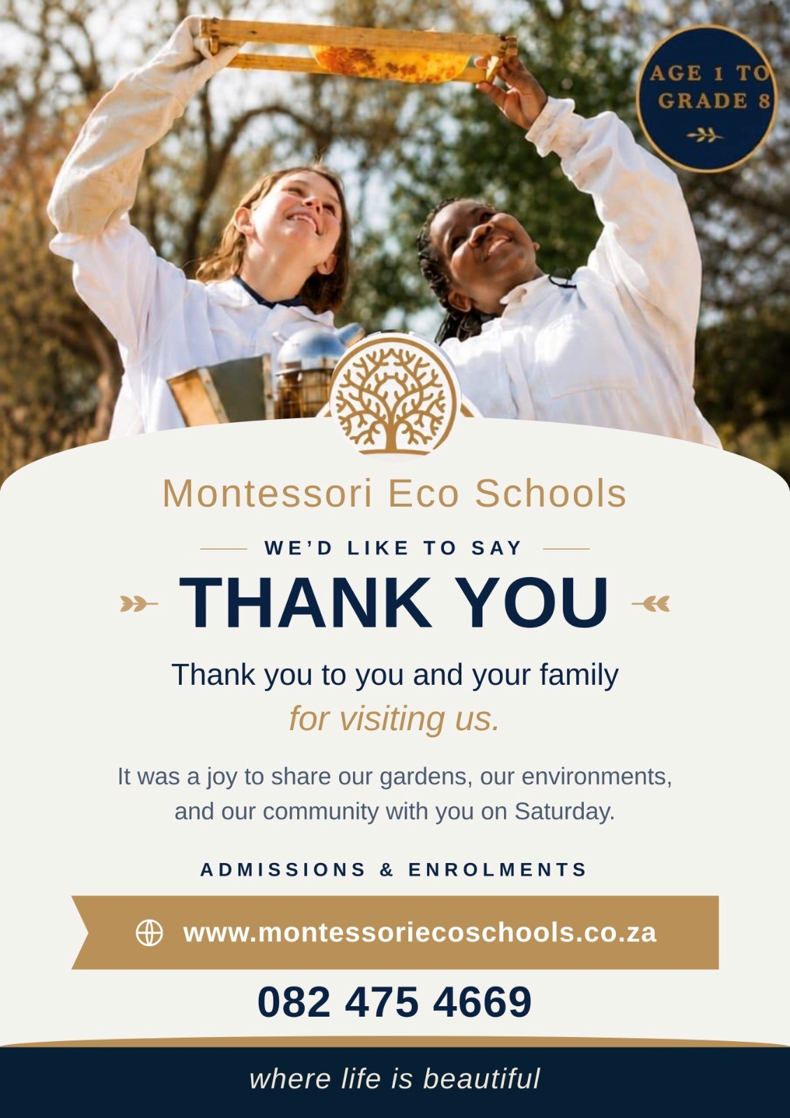 Montessori Eco Schools thank you card for families who visited the Chartwell House Open Day on 19 September 2026